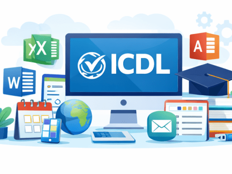 تصویر دیجیتال شاخص دوره ICDL آموزشگاه متاکو، شامل نمادهای Word، Excel، PowerPoint و اینترنت