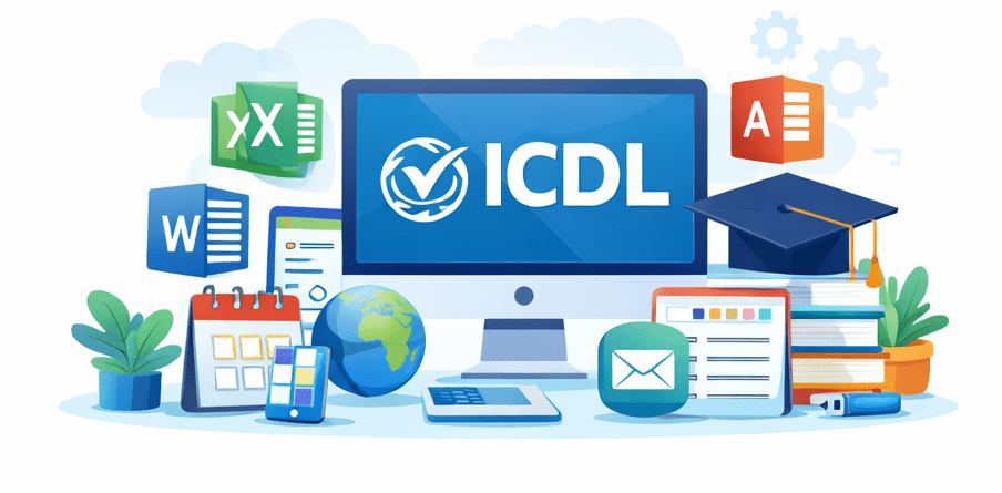 تصویر دیجیتال شاخص دوره ICDL آموزشگاه متاکو، شامل نمادهای Word، Excel، PowerPoint و اینترنت
