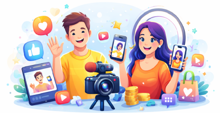 تصویر شاخص دوره تربیت اینفلوئنسر، نمایش تولید محتوا در شبکه‌های اجتماعی، اینفلوئنسرها با موبایل و تجهیزات ضبط ویدئو، مناسب آموزش اینفلوئنسری و برند شخصی